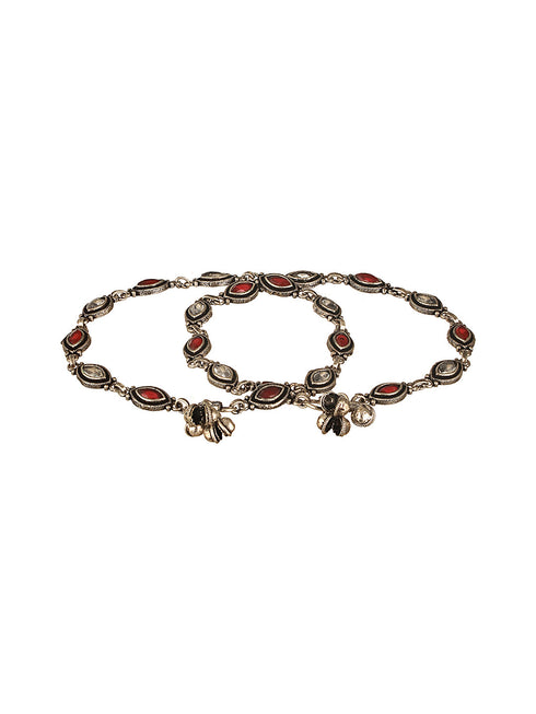 Set of 2 Silver Oxidised Red Ruby Studded Minimal Dailywear Anklet Payal