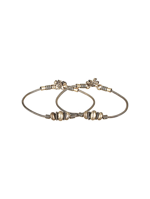 Set of 2 Silver Oxidised Balls Minimal Dailywear Anklet Payal