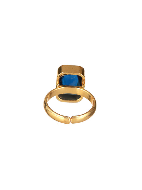 Gold plated Sapphire Blue Rectangular Minimal Adjustable Finger Ring