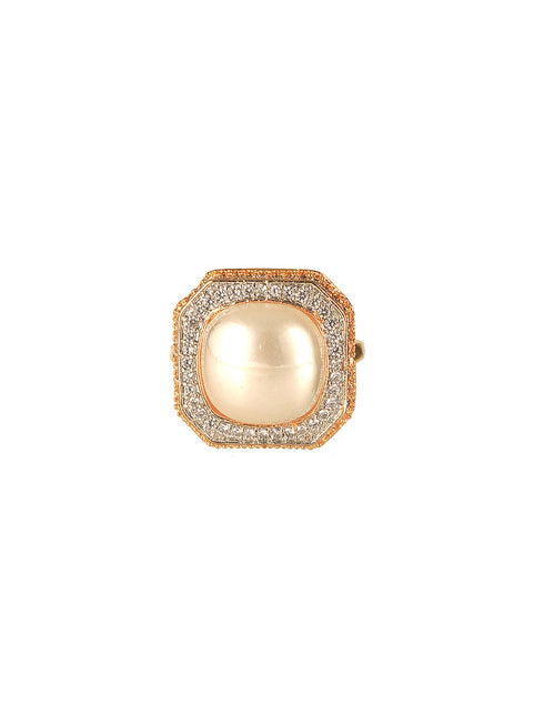 Gold Toned Off White Pearl Studded Engagement Luxe Square Adjustable Finger Rings
