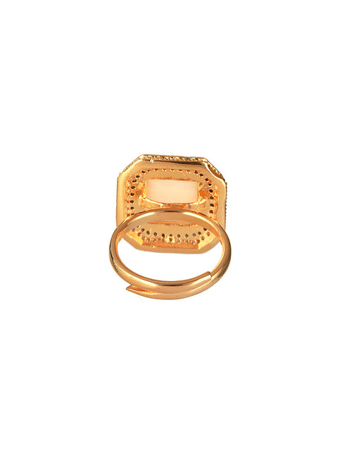 Gold Toned Off White Pearl Studded Engagement Luxe Square Adjustable Finger Rings