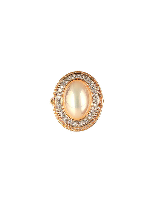 Gold Toned Off White Pearl Studded Engagement Designer Oval Adjustable Finger Rings