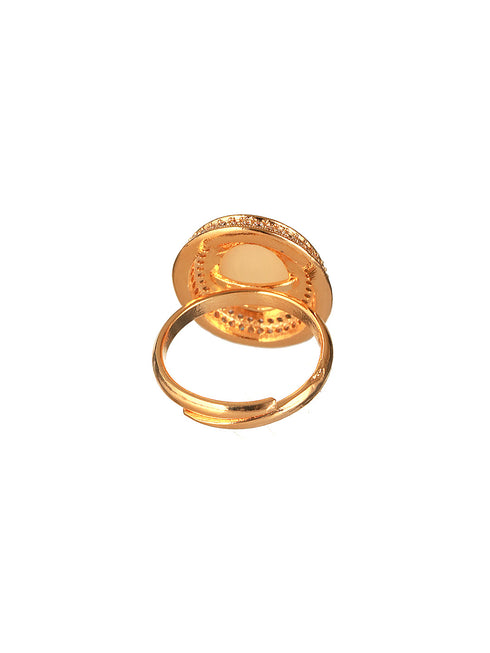 Gold Toned Off White Pearl Studded Engagement Designer Oval Adjustable Finger Rings