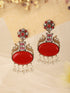 Silver Oxidised Dual Toned Red Stone & Pearl Beaded Peacocok Boho Statement Earrings