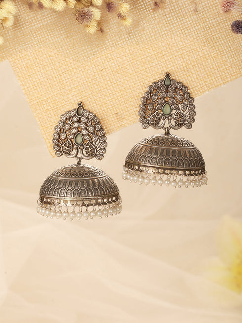 Silver Oxidised Pearl Beaded Filigree Tribal Large Jhumka Earrings