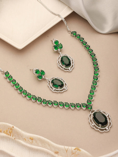 Silver Rhodium Plated Emerald Green Cubic Zirconia Designer Bridal Pendant Jewellery Set