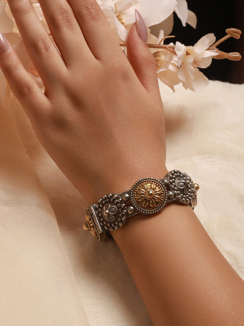 Silver Oxidised Dual Toned Boho Style Adjustable Kada Bangle Bracelet