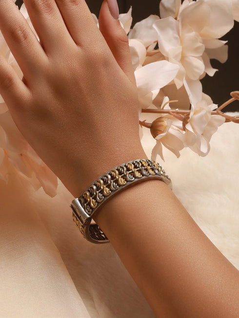 Silver Oxidised Dual Toned Filigree Openable Kada Bangle Bracelet