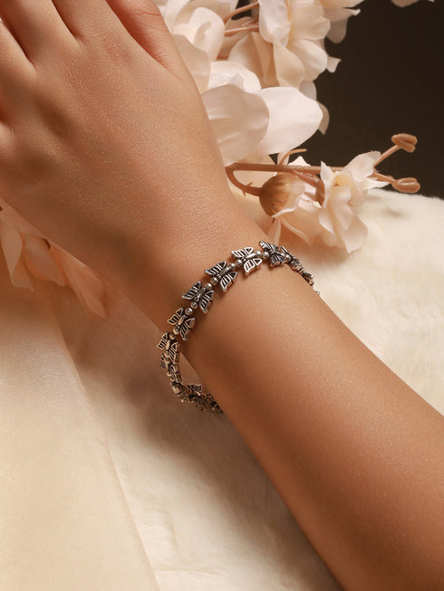 Silver Oxidised Toned Combo Floral & Butterfly Motif Minimal Dailywear Stackable Bracelet