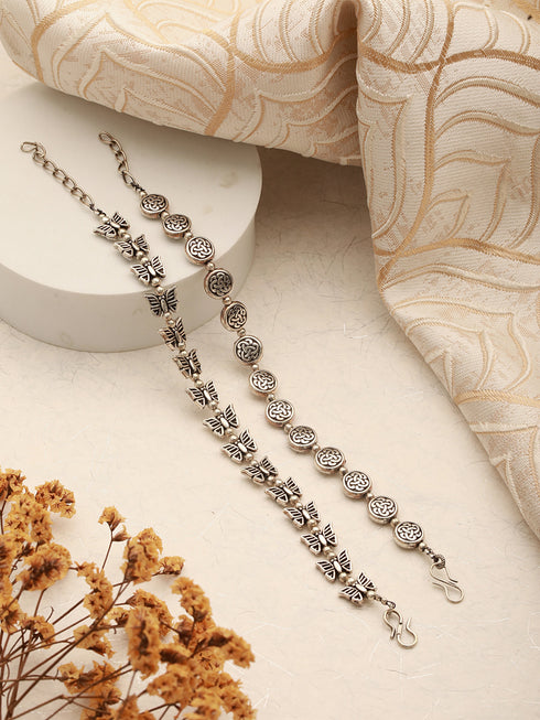 Silver Oxidised Toned Combo Floral & Butterfly Motif Minimal Dailywear Stackable Bracelet