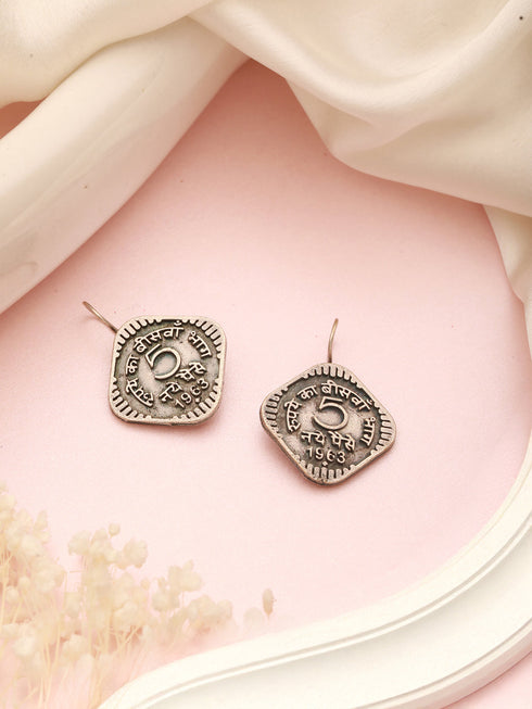 Oxidised Silver Lookalike 5 Paise Stamp Minimal Fishhook Earrings