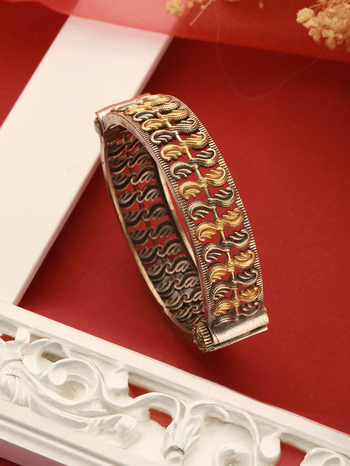 Silver Oxidised Dual Toned Filigree Openable Kada Bangle Bracelet