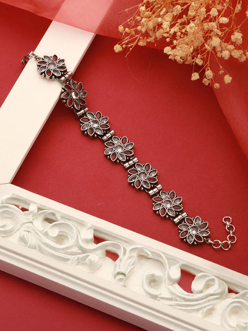 Silver Oxidised Toned Red Stone Studded Floral Tribal Minimal Adjustable Bracelet
