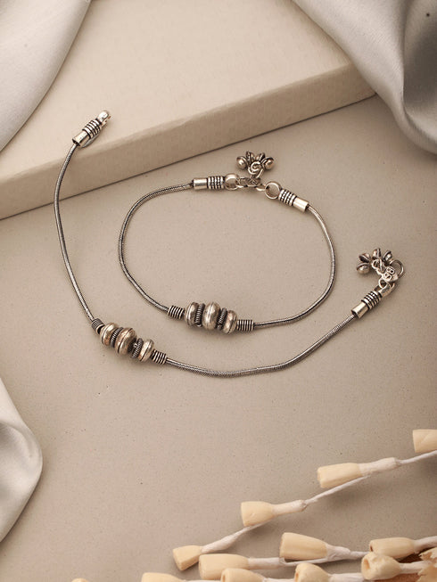 Set of 2 Silver Oxidised Balls Minimal Dailywear Anklet Payal