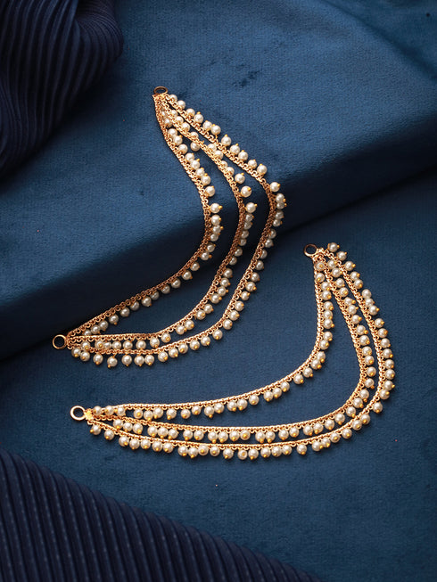 Gold Plated Temple Pearl Beaded Multilayered Matil Earchain