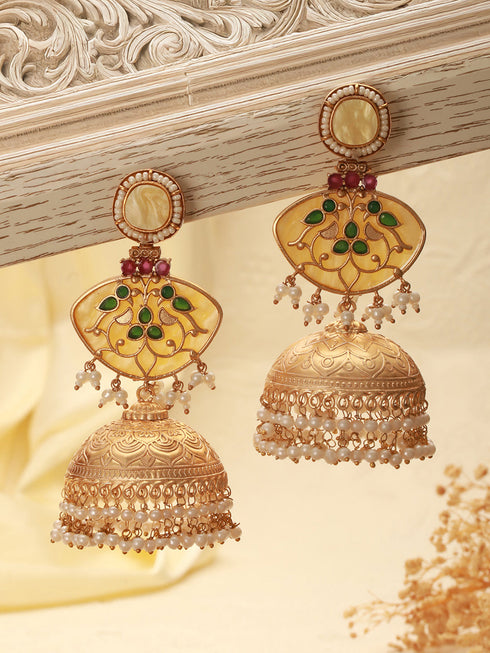 Gold Toned Pearl Beaded Fusion Statement Lightweight Designer Jhumka Earrings