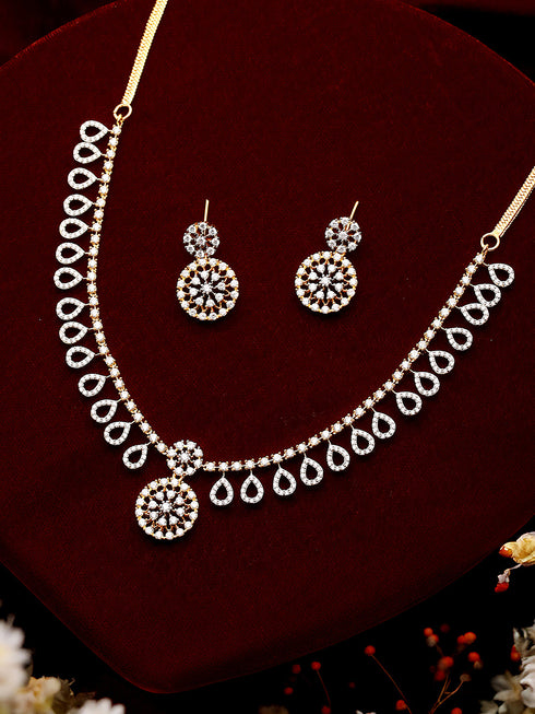 Gold Toned AD Studded Floral Drop Minimal Jewellery Set