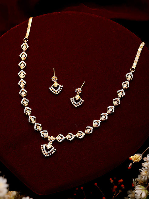 Gold Toned AD Studded Geometric Shaped Delicate Pendant Jewellery Set