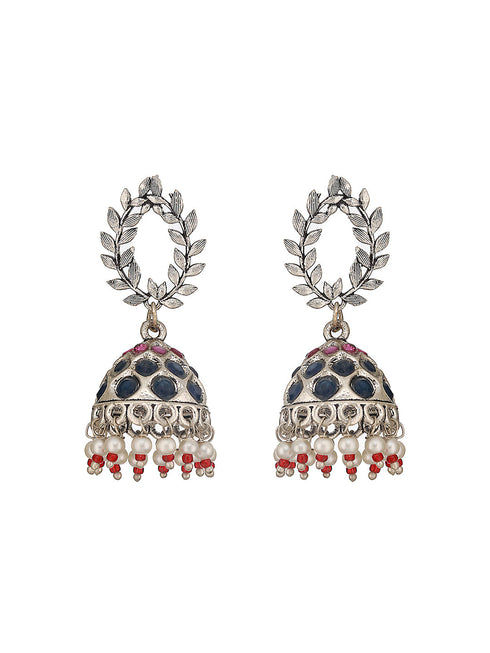 Oxidised Earrings with Red & Blue Stones and Pearl Beading