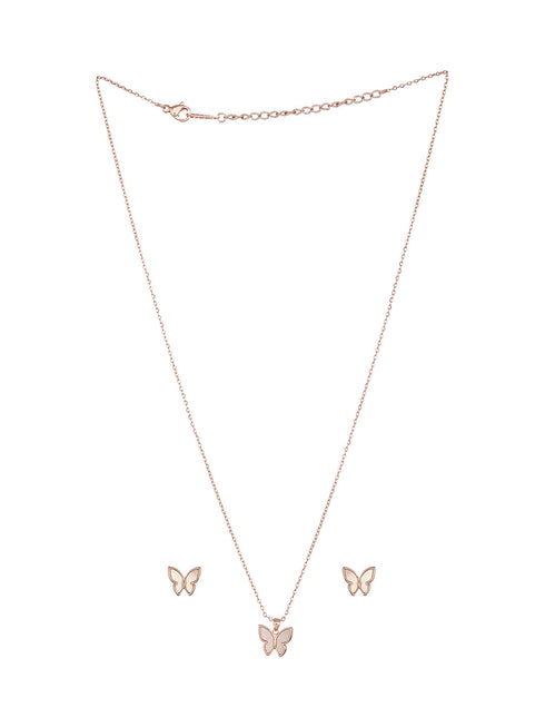 Anti-Tarnish Rose Gold Toned Faux Pearl Butterfly Minimal Chain Pendant Jewellery Set