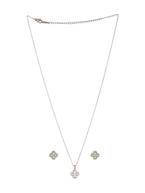 Anti-Tarnish Rhodium Plated AD Studded Minimal Floral Pendant Jewellery Set