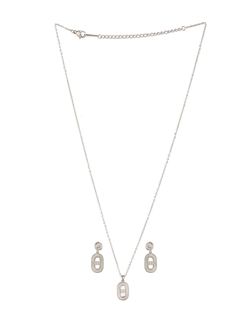 Anti-Tarnish Rhodium Plated Minimal Faux Pearl Geometric Pendant chain ewellery Set