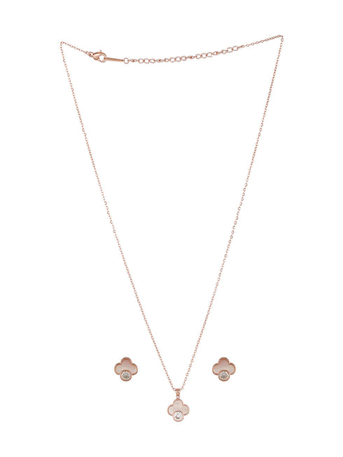 Anti-Tarnish Rose Gold Plated Faux Pearl & AD Embellished Floral Pendant ChainJewellery Set