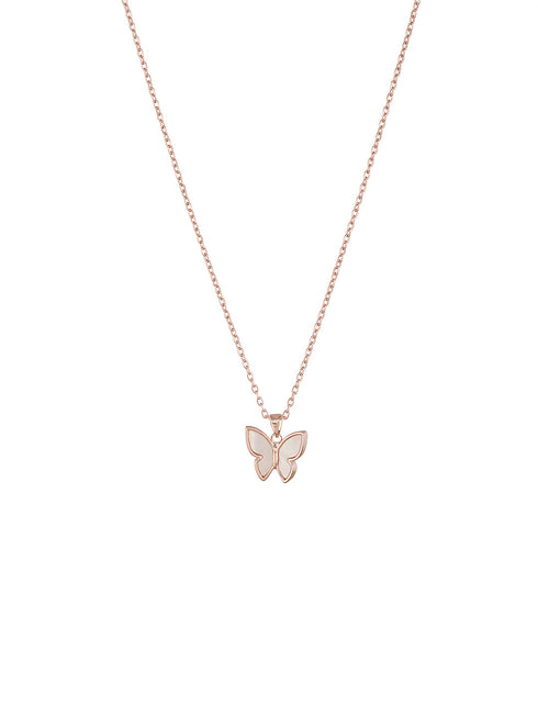 Anti-Tarnish Rose Gold Toned Faux Pearl Butterfly Minimal Chain Pendant Jewellery Set
