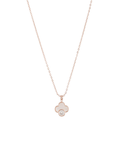 Anti-Tarnish Rose Gold Plated Faux Pearl & AD Embellished Floral Pendant ChainJewellery Set