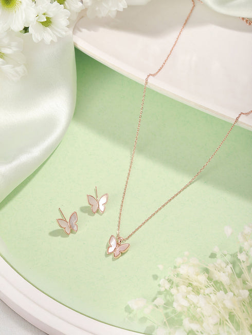 Anti-Tarnish Rose Gold Toned Faux Pearl Butterfly Minimal Chain Pendant Jewellery Set