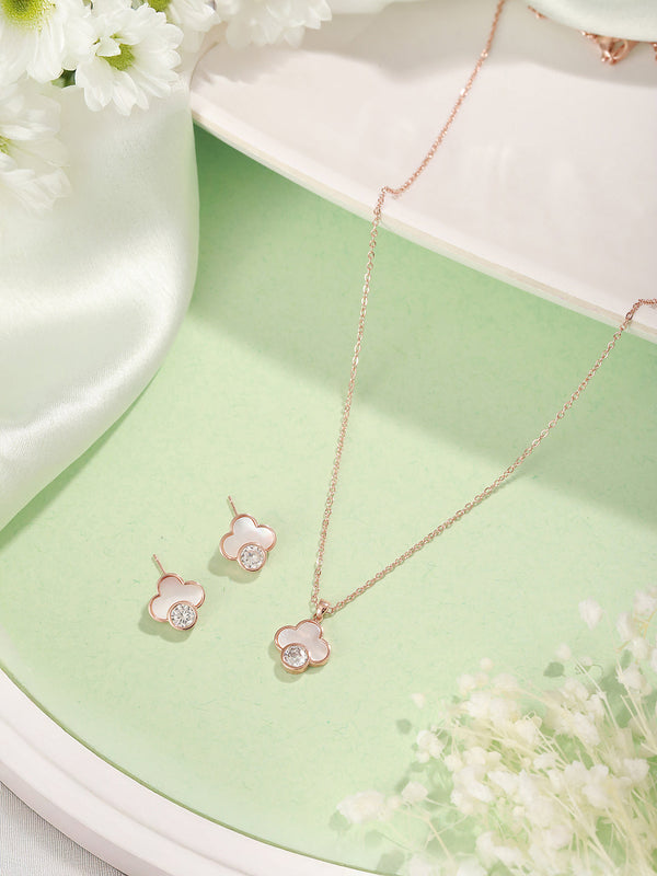 Anti-Tarnish Rose Gold Plated Faux Pearl & AD Embellished Floral Pendant ChainJewellery Set