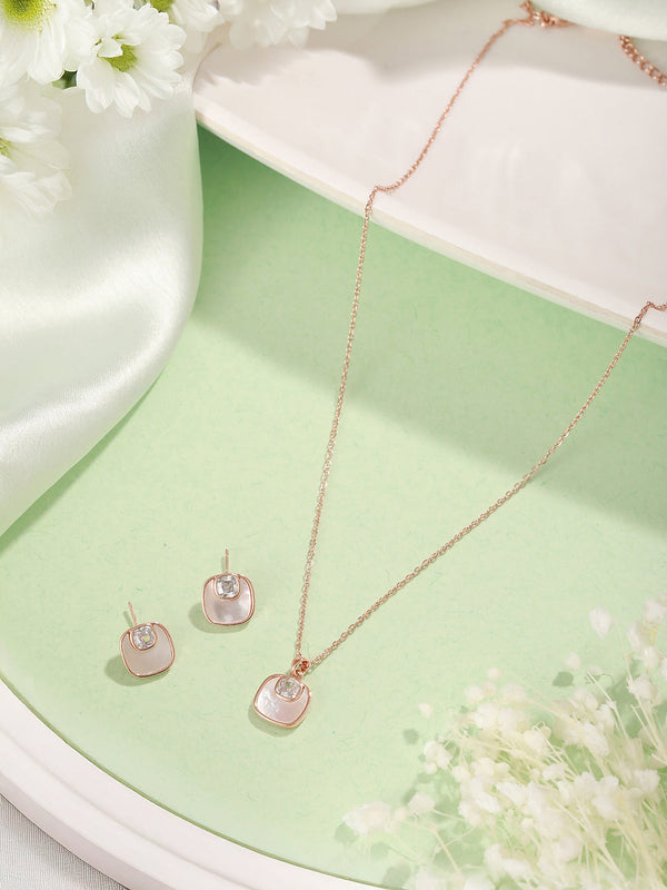 Anti-Tarnish Rose Gold Plated Minimal Faux Pearl Geometric Square Pendant Chain Jewellery Set