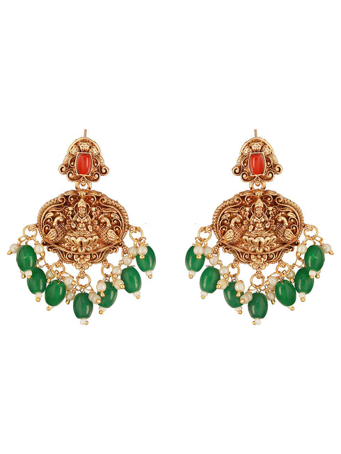 Gold Polish Red Coral Studded Lakshmiji Temple Necklace Jewellery Set