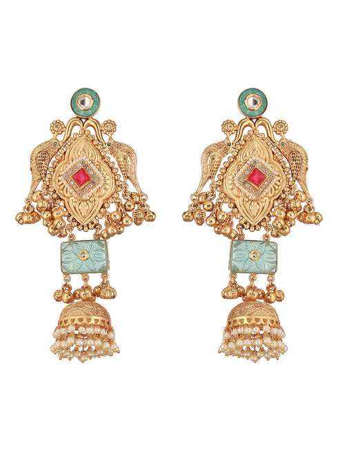 Gold Toned Kundan Studded Lightweight Bird Motif Statement Bridal Jhumka Earrings