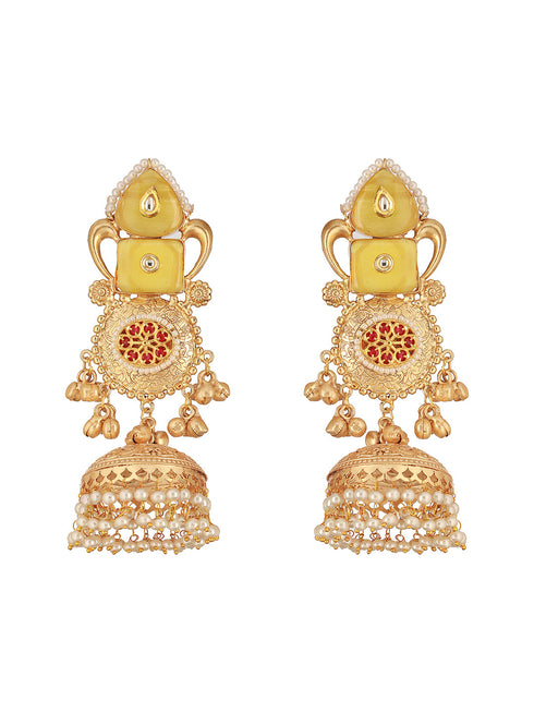Gold Toned Yellow Stone & Kundan Lightweight Statement Large Jhumka Earrings