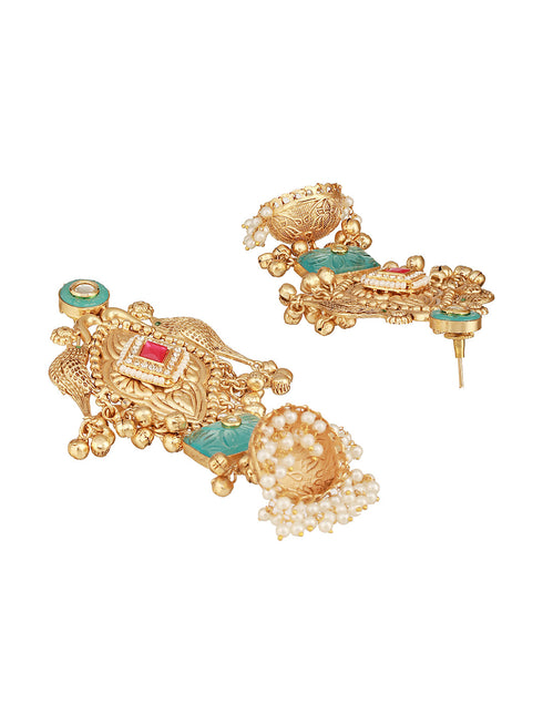 Gold Toned Kundan Studded Lightweight Bird Motif Statement Bridal Jhumka Earrings