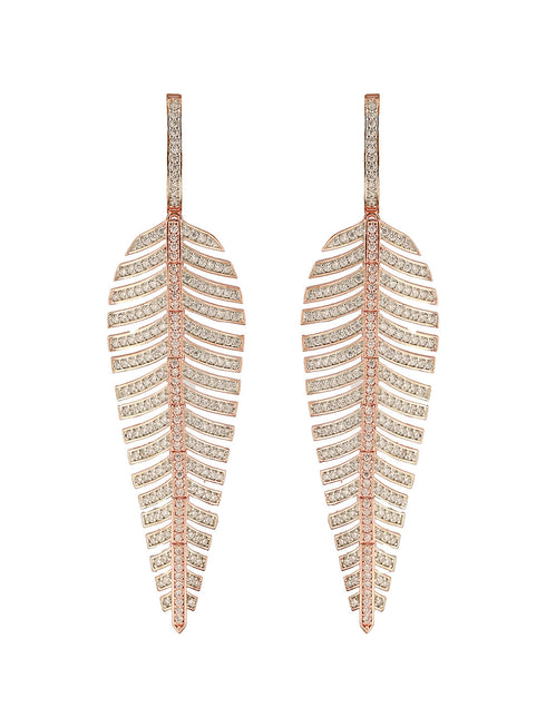 Rose Gold Toned White Zircon studded Statement Feather Dangling Earrings