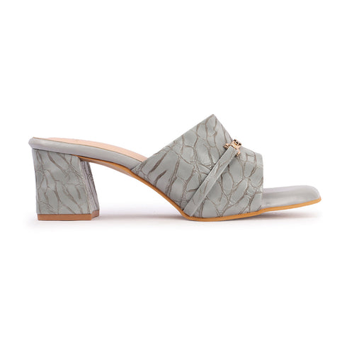 Women's Textured Square Toe Block Heel Sandal with Metal Detail
