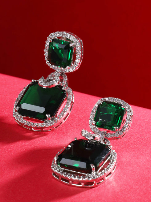 Silver Toned Royal Green AD Studded Statement Earrings for Women & Girls
