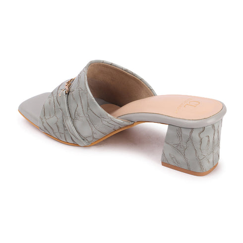 Women's Textured Square Toe Block Heel Sandal with Metal Detail