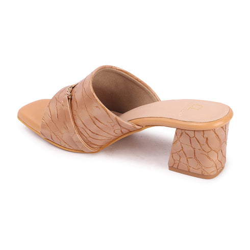 Women's Textured Square Toe Block Heel Sandal with Metal Detail
