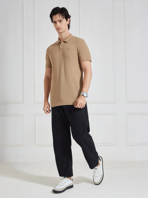 Men's Brown Solid Polo Collar T-Shirt