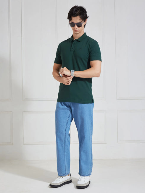 Men's Green Solid Polo Collar T-Shirt