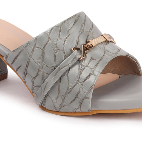 Women's Textured Square Toe Block Heel Sandal with Metal Detail
