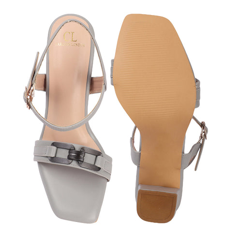 Women's Buckle Detail Square Toe Ankle Strap Block Heel Sandals
