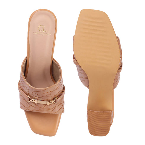 Women's Textured Square Toe Block Heel Sandal with Metal Detail