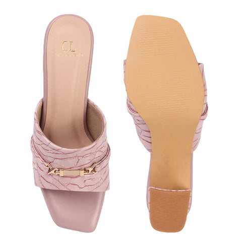 Women's Textured Square Toe Block Heel Sandal with Metal Detail