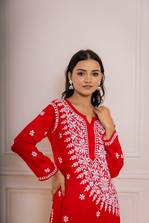 Red Fizaa Chikankari Modal Cotton Kurta