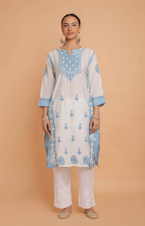 Saba Chikankari kurta in Chanderi Silk - White With Blue