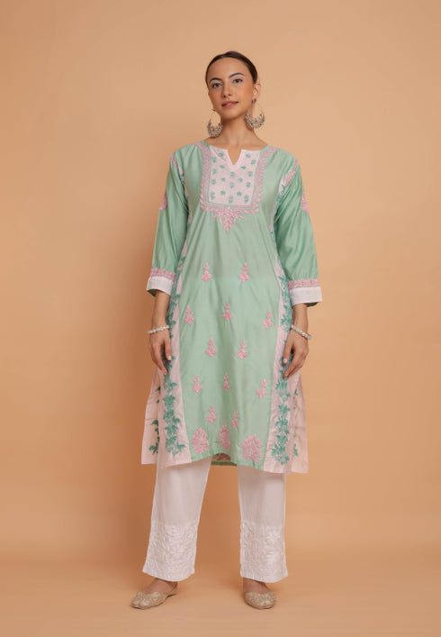 Saba Chikankari kurta in Chanderi Silk - Sea Green With Pink